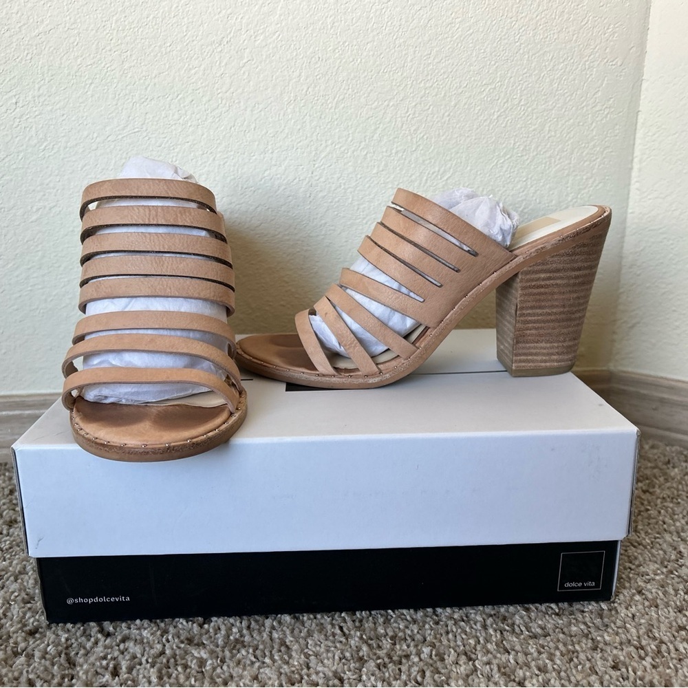 Dolce Vita Lorna Heel Slip On Tan Leather Formal Party Preppy Size 8.5 Strappy